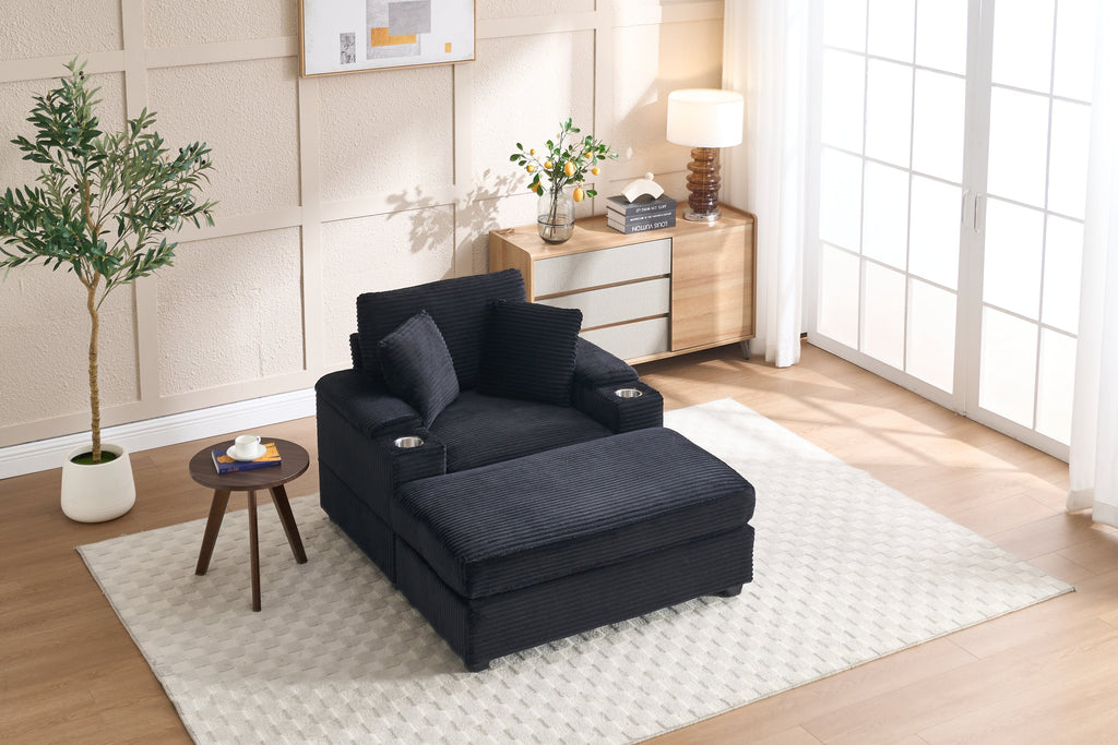 Corduroy Upholstered Chaise Lounge Sofa with Handrail Storage