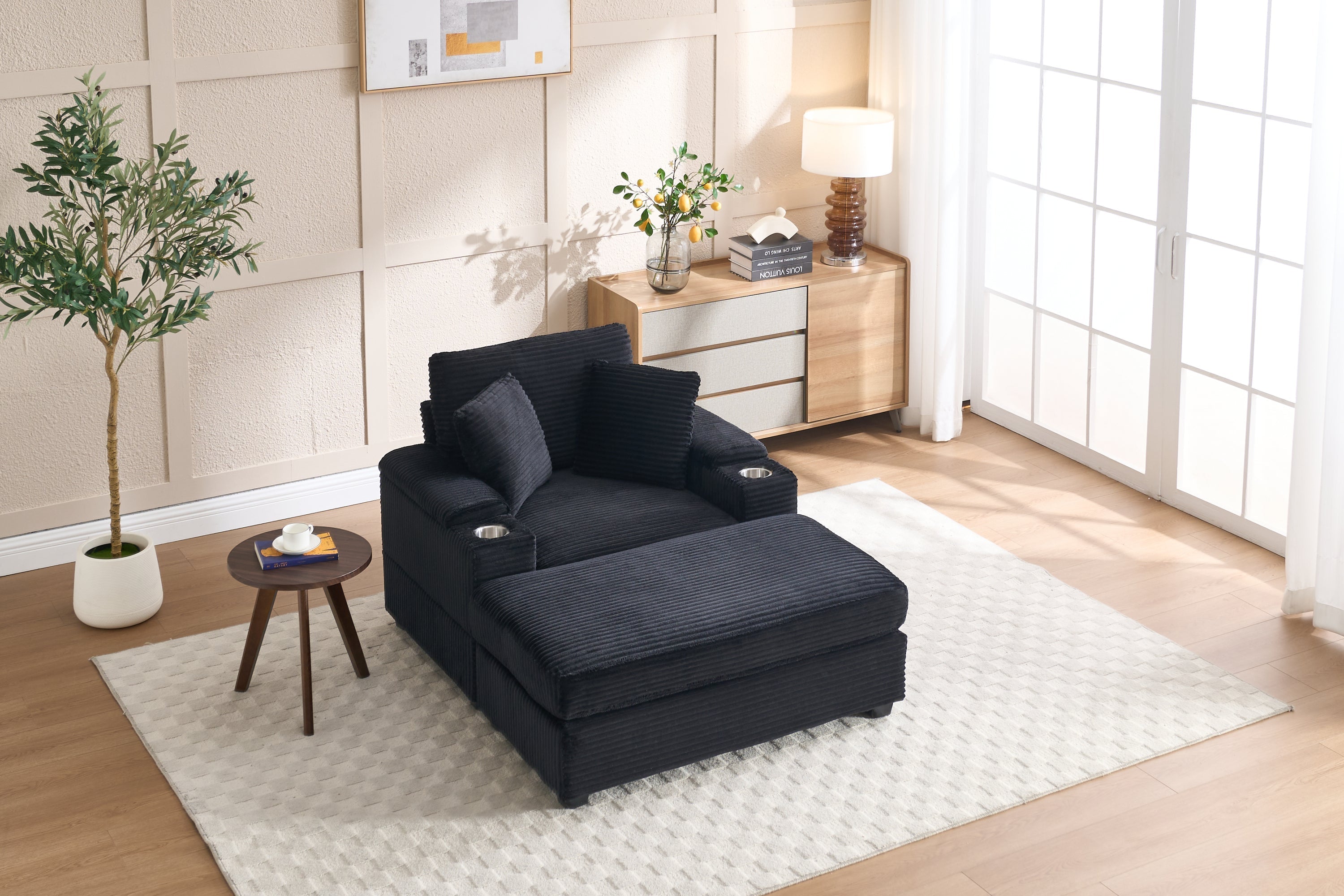 Corduroy Upholstered Chaise Lounge Sofa with Handrail Storage