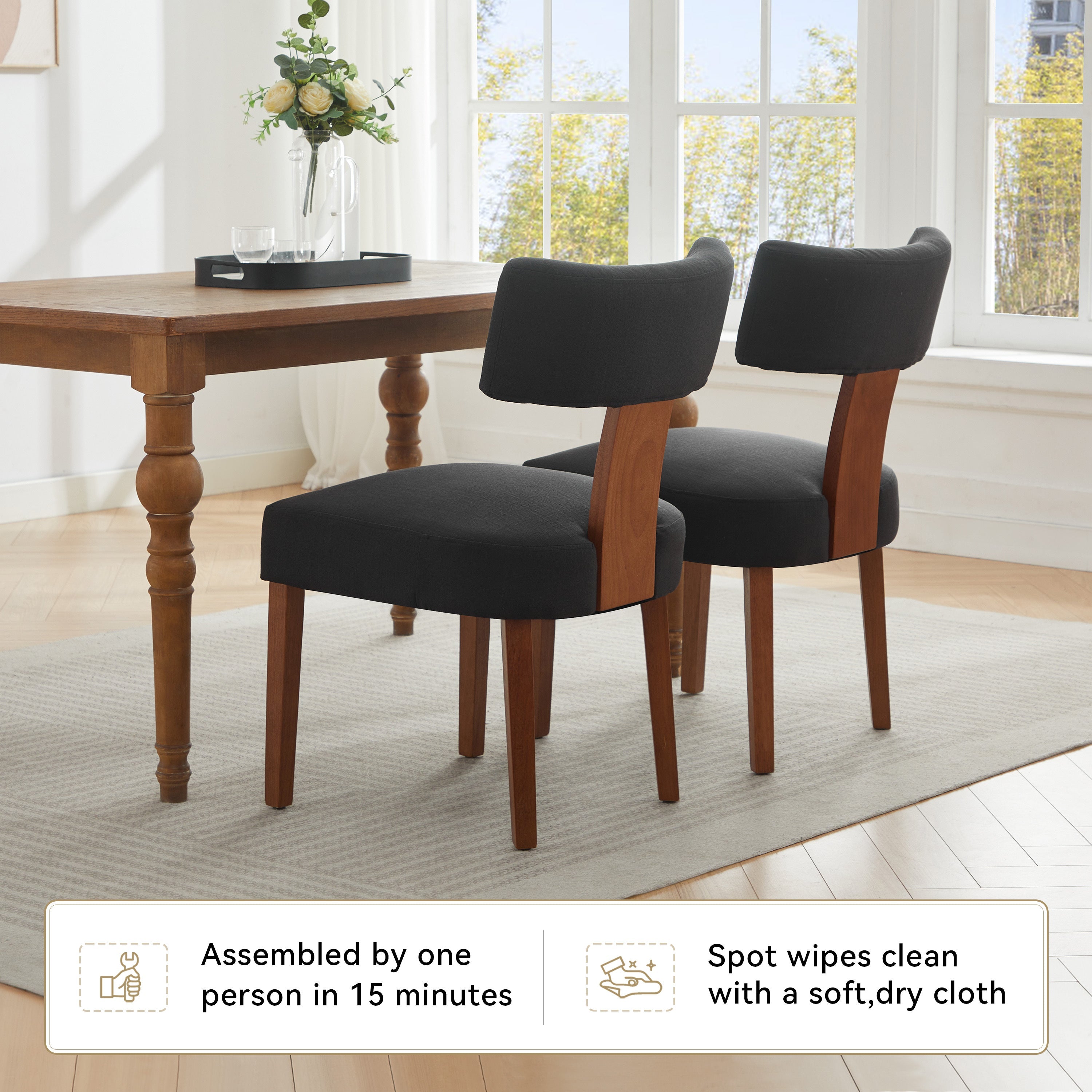 2Pcs  Modern Armless Dining Chairs With Curved Wingback and Solid Wooden Legs