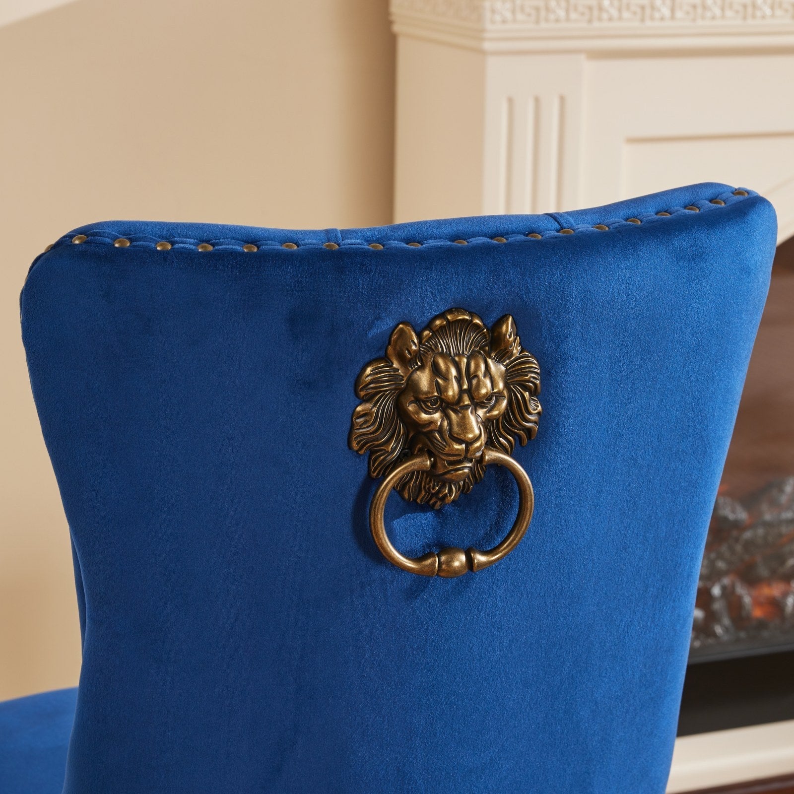 Mid-Century Velvet Dining Chairs with Lion Head Pull Ring (Set of 2)