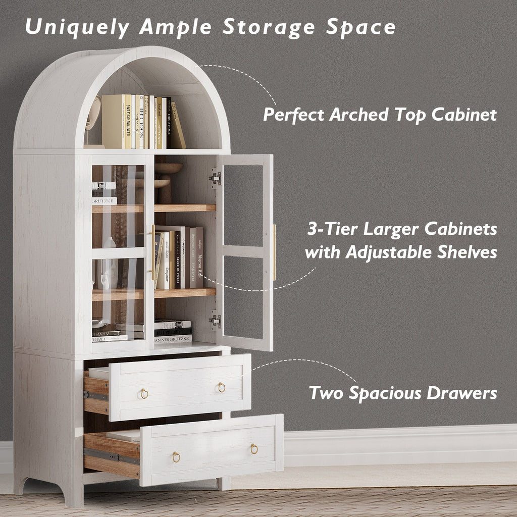 71” Tall Arched Modern Farmhouse Kitchen Pantry Cabinet with 2 Large Drawers