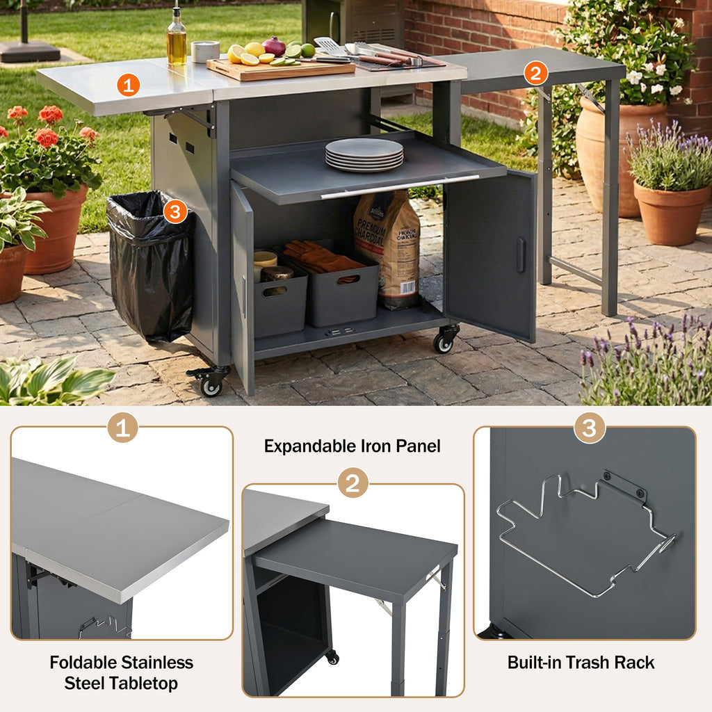 Foldable BBQ cart with storage, portable for backyard & patio cooking