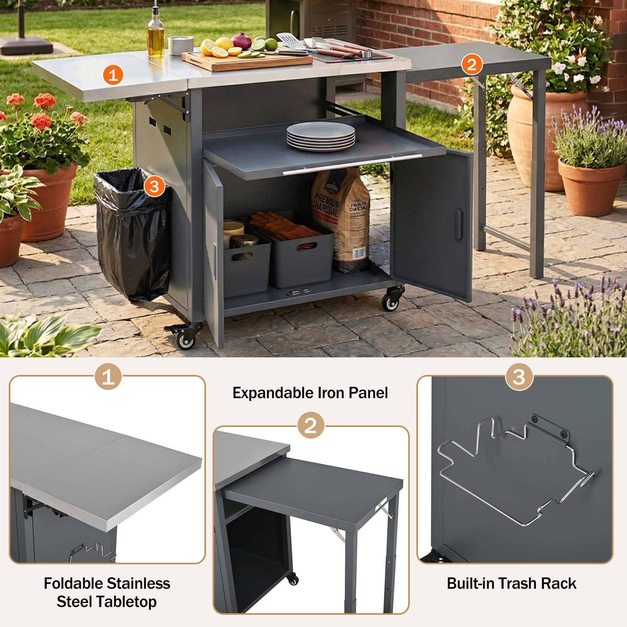 Foldable BBQ cart with storage, portable for backyard & patio cooking