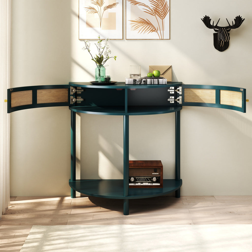 Rattan Semi Circle End Table with 2 Rattan Storage Cabinet