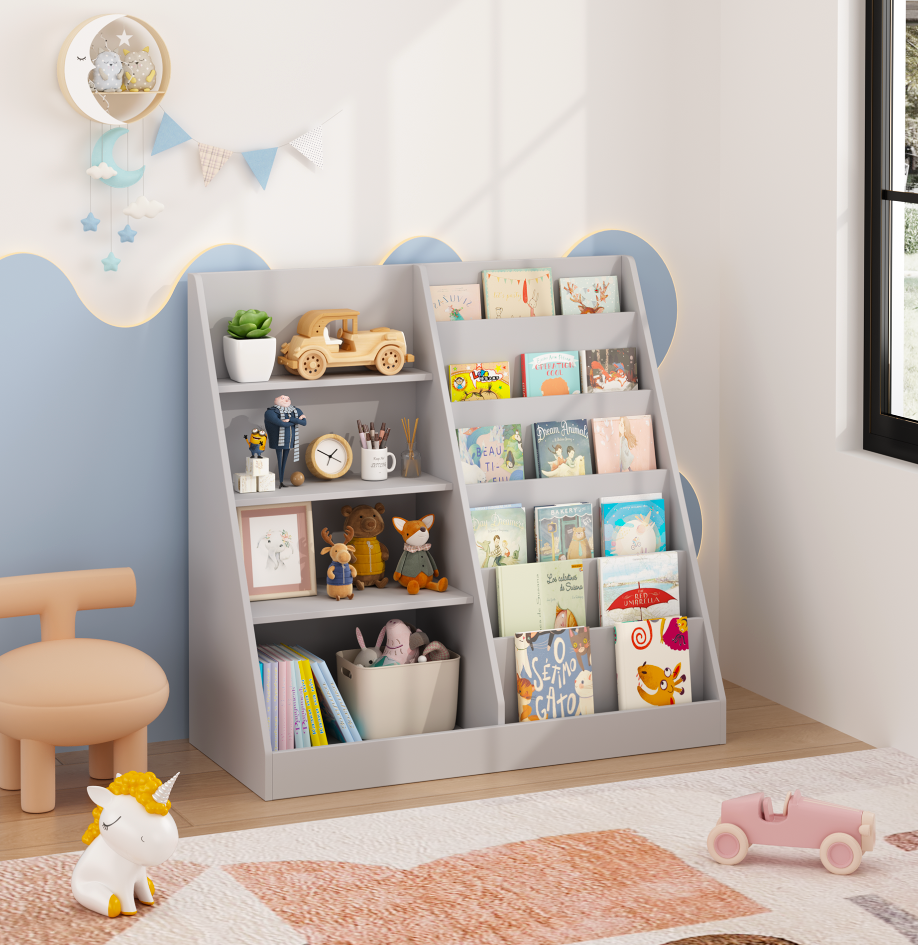 Multifunctional 4 Tier Wooden Kids Book Shelf with  Bookcase Display Stand