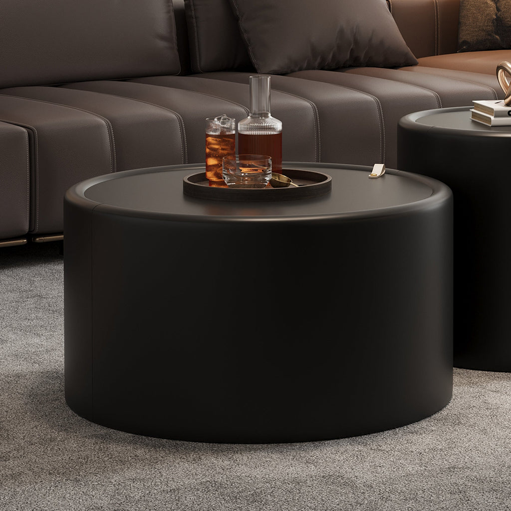 28“  PU Leather Round Coffee Table with Tempered Glass Top