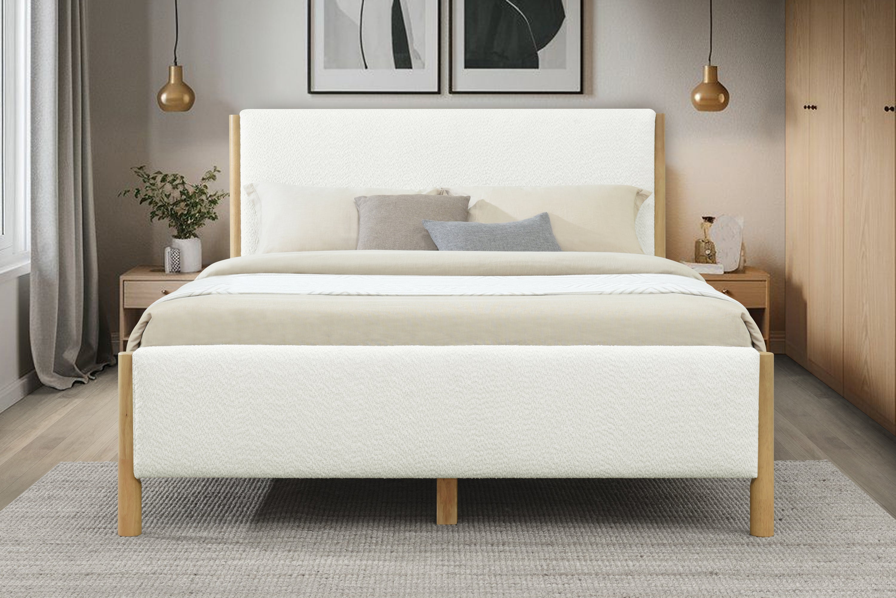 Modern White Boucle Upholstered Bed