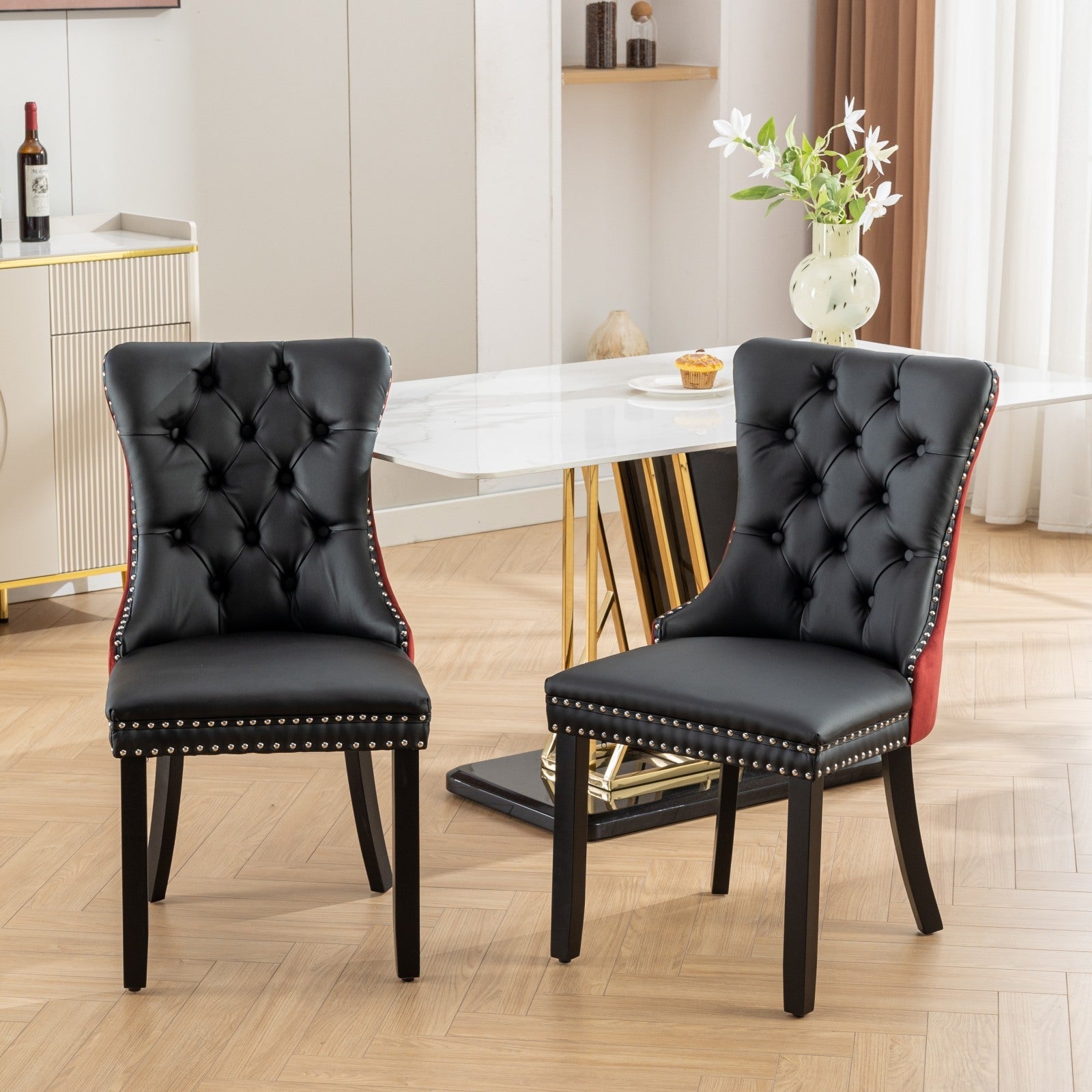 Tufted Solid Wood PU Upholstered Dining Chair with Wood Legs (Set of 2)