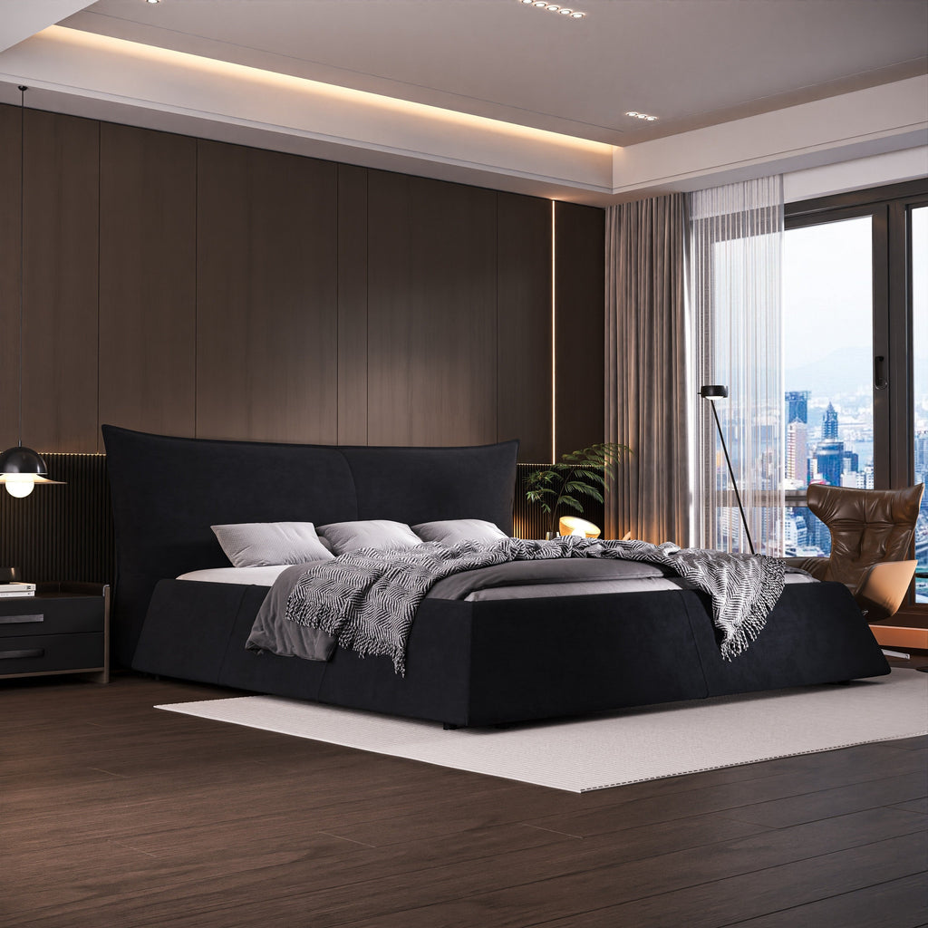 Queen Size Upholstered Platform Bed with Velvet Headboard