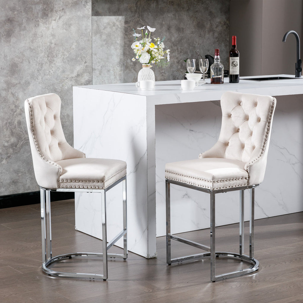 Luxury Elegant Nailhead Trim Tufted Velvet Bar Stools (Set of 2)