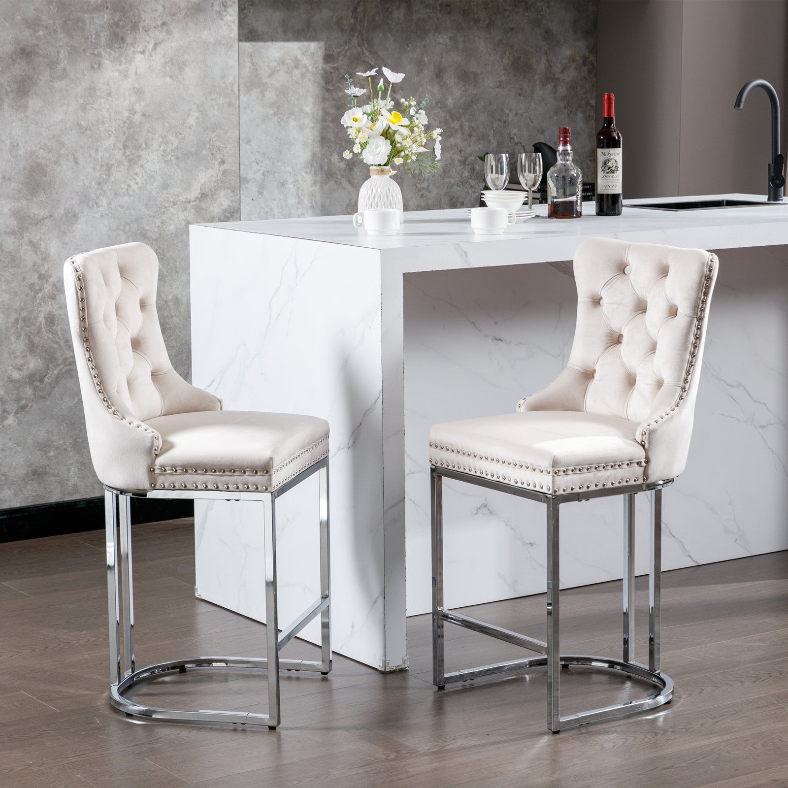 Luxury Elegant Nailhead Trim Tufted Velvet Bar Stools (Set of 2)