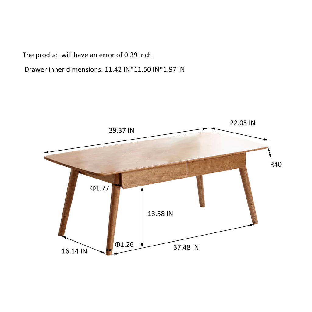 Low Table 100% Solid Wood 2-Drawer Natural Oak Coffee Table