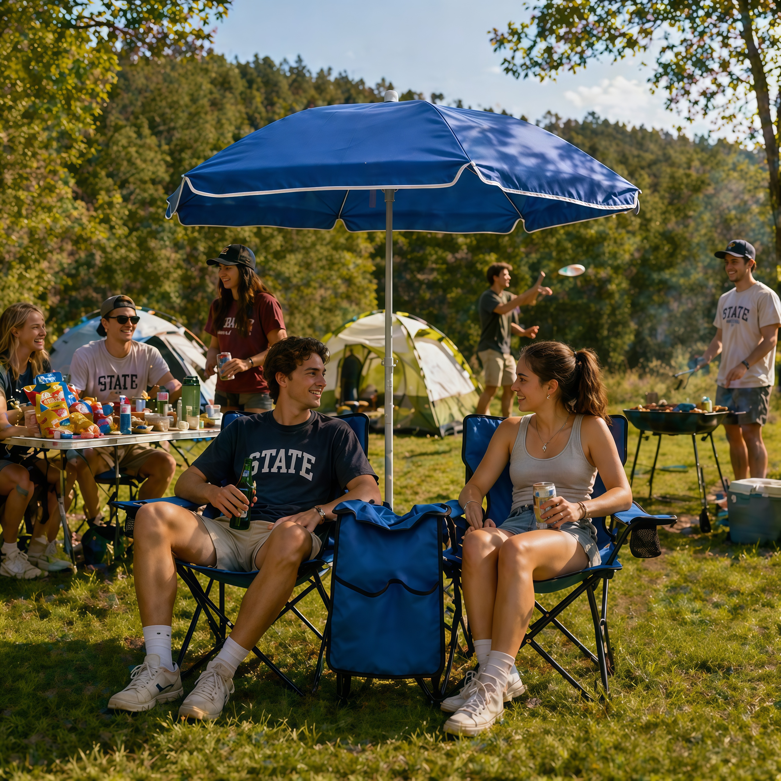 Portable Double Folding Beach Chair Set with Umbrella 2 Person Camping