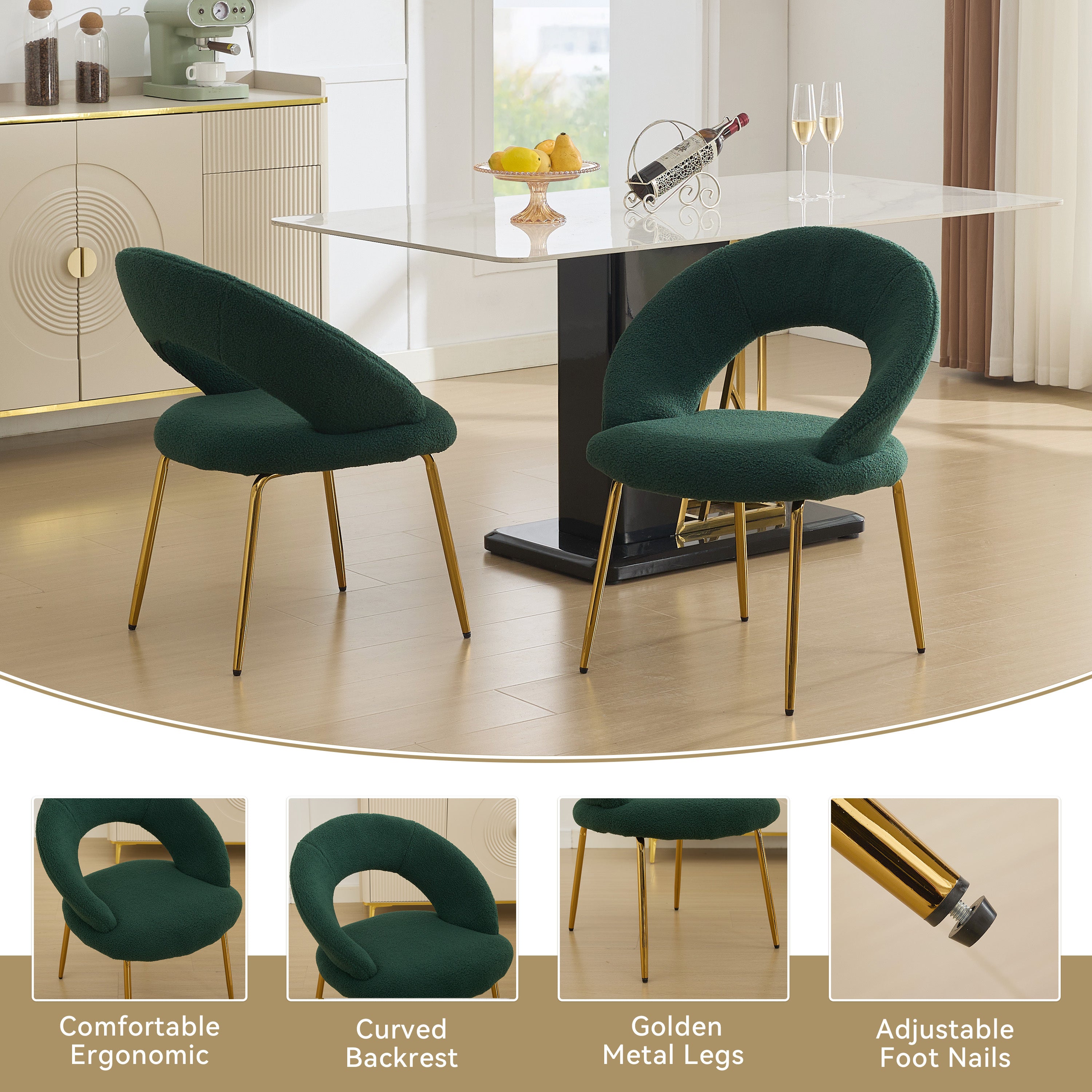 Velvet/Teddy Fabric Dining Chairs with Curved Backrest