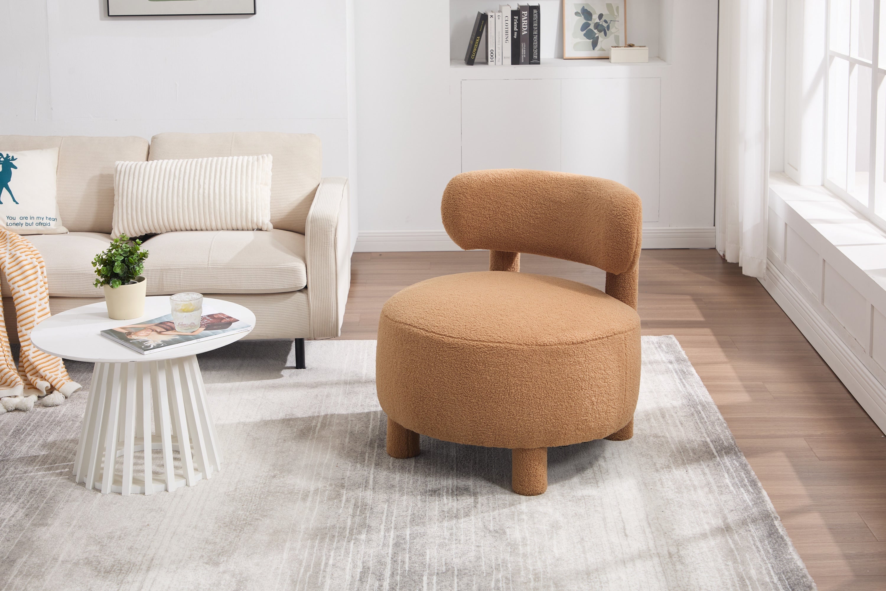 Fur/Teddy Fabric Armless Accent Chair with Curved Backrest