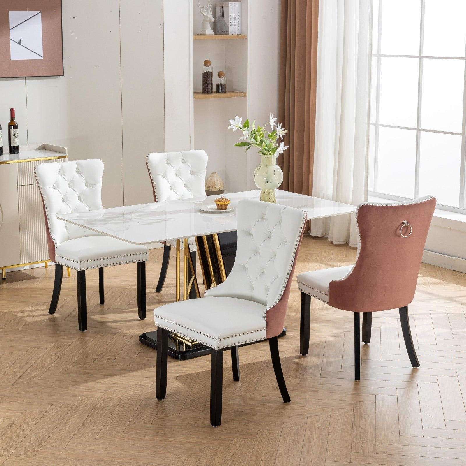 Tufted Solid Wood PU Upholstered Dining Chair with Wood Legs (Set of 2)