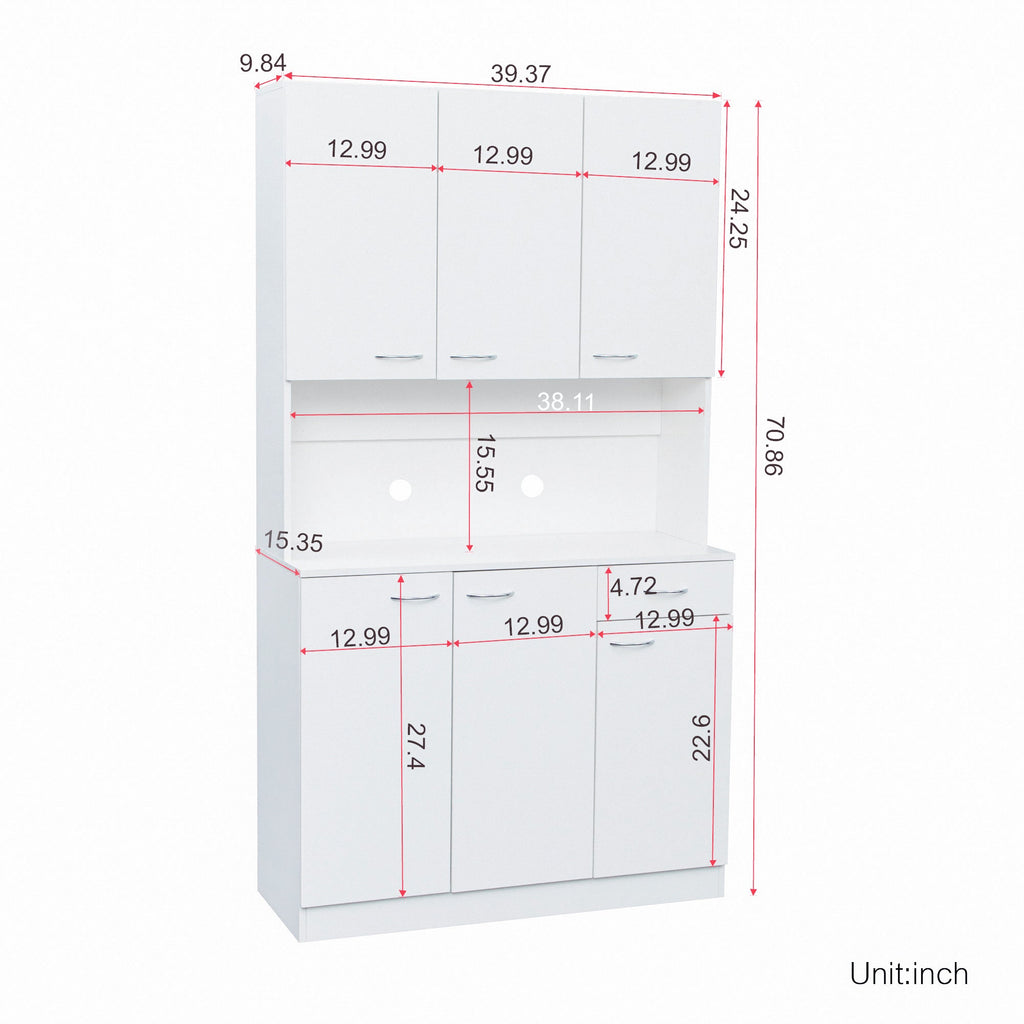 70.87' Tall White Kitchen Cabinet with 6-Doors