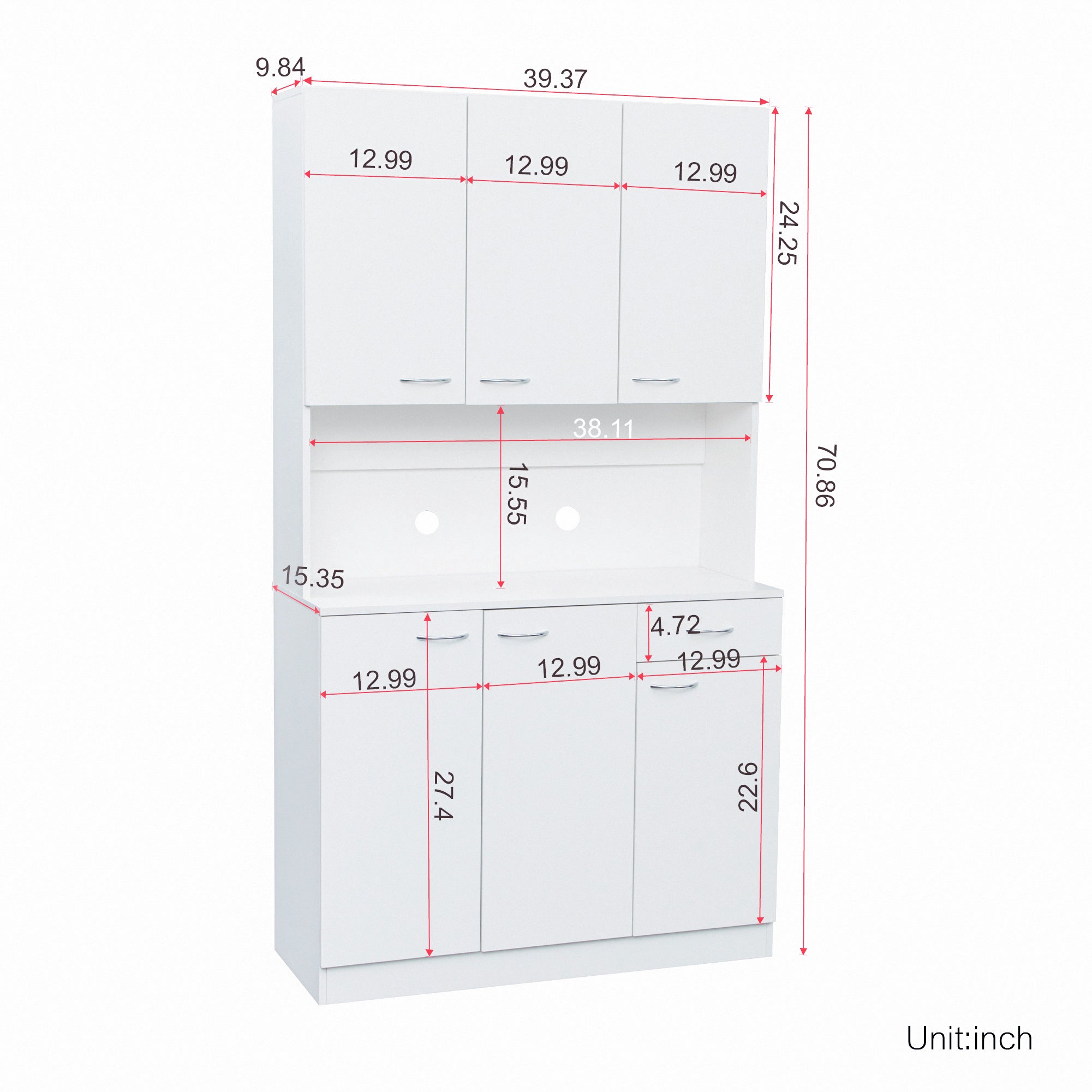70.87' Tall White Kitchen Cabinet with 6-Doors