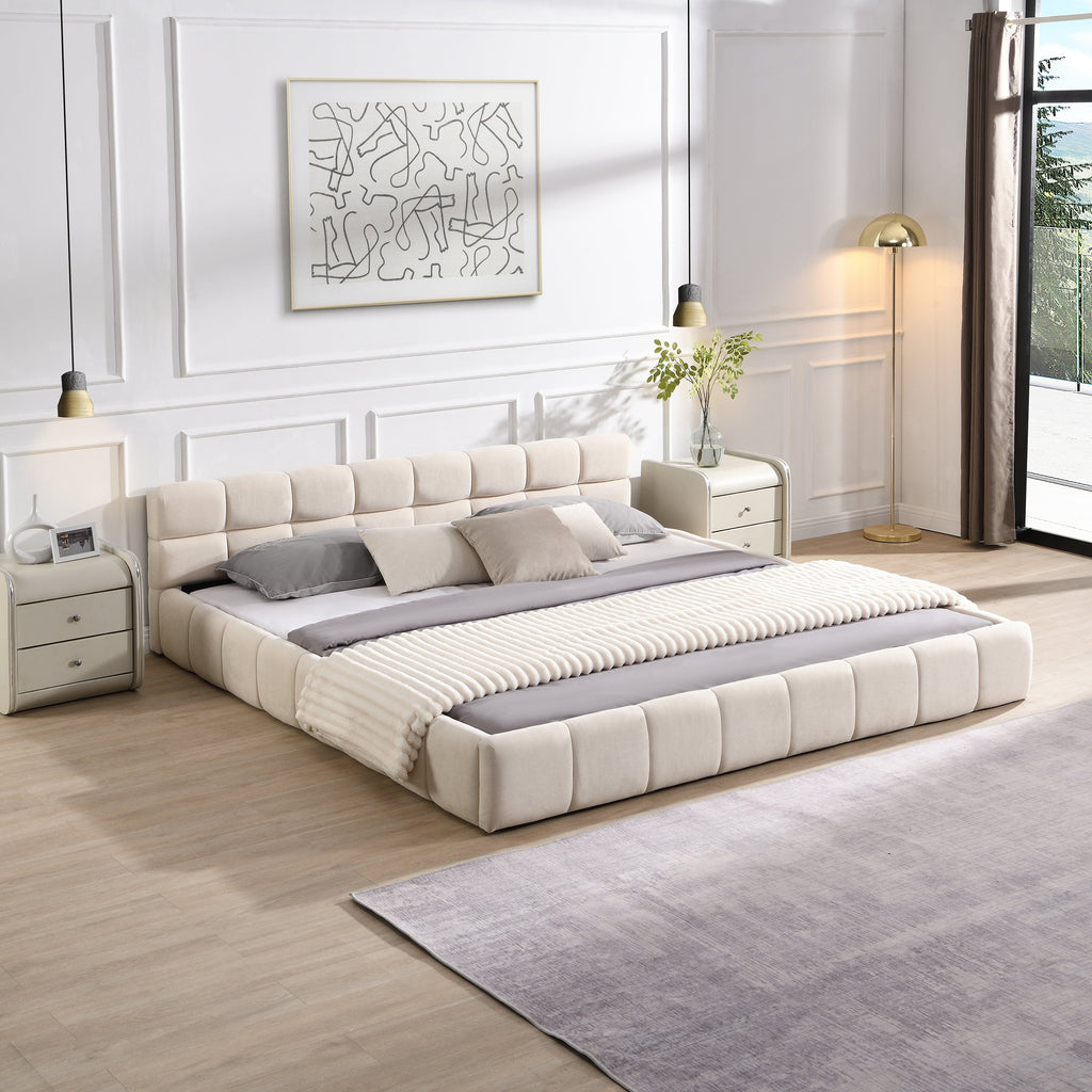 Elegant Beige Chenille Upholstered Bed with Checkerboard Design