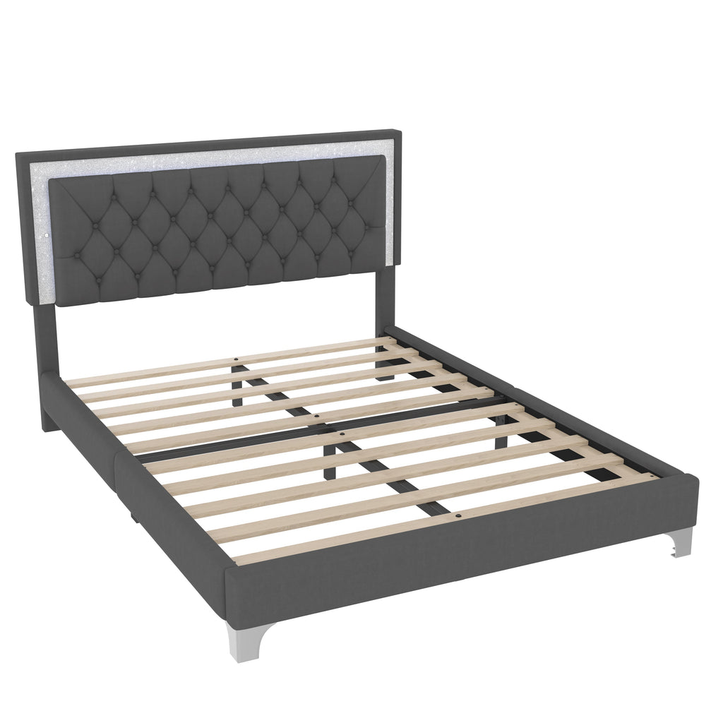 Queen Size Upholstered Bed Frame with LED Lights