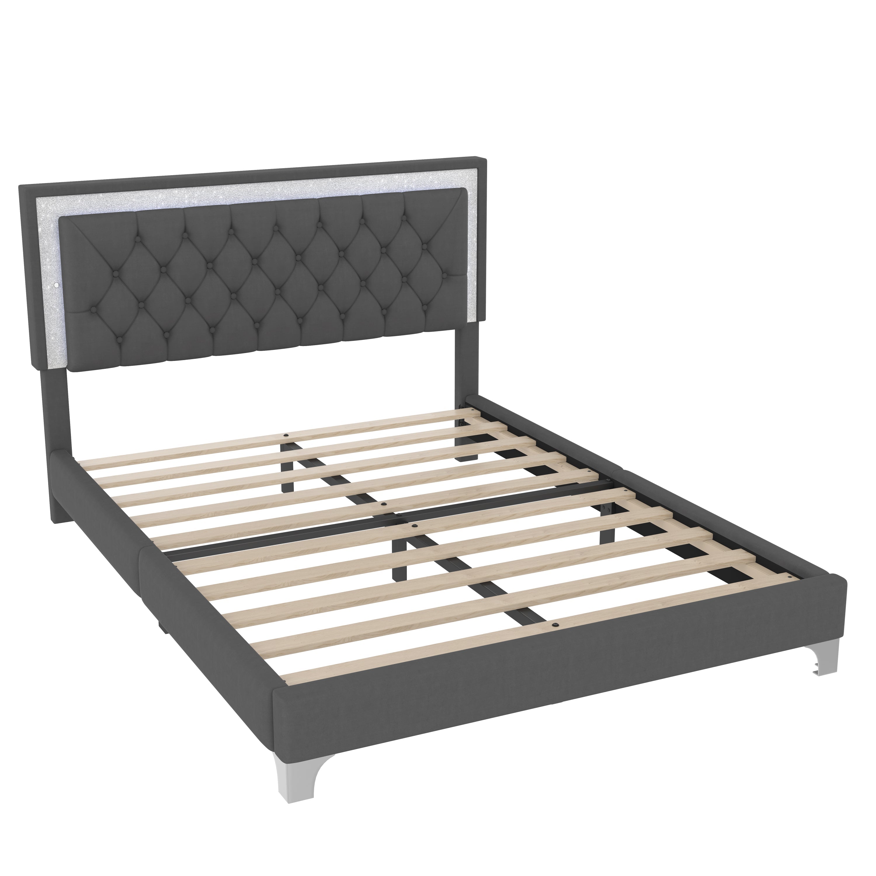 Queen Size Upholstered Bed Frame with LED Lights