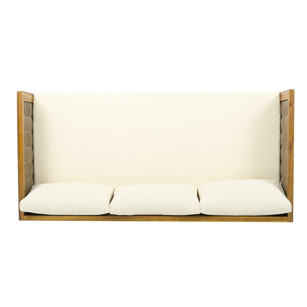 3 Seater Acacia Wood Daybed with Rattan Arms Beige Cushion