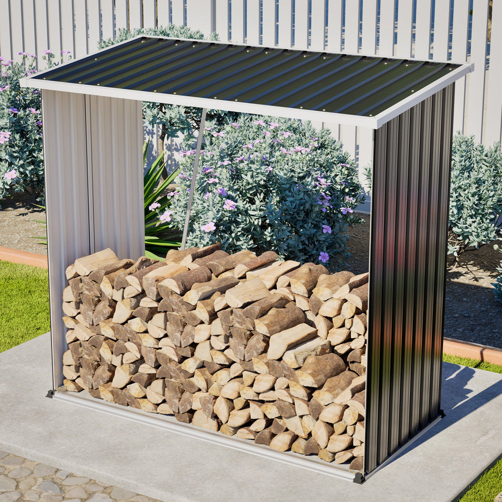 Outdoor Metal Storage Shed 62 Cu Ft Firewood Rack Patio Organizer Sloped Roof Weatherproof