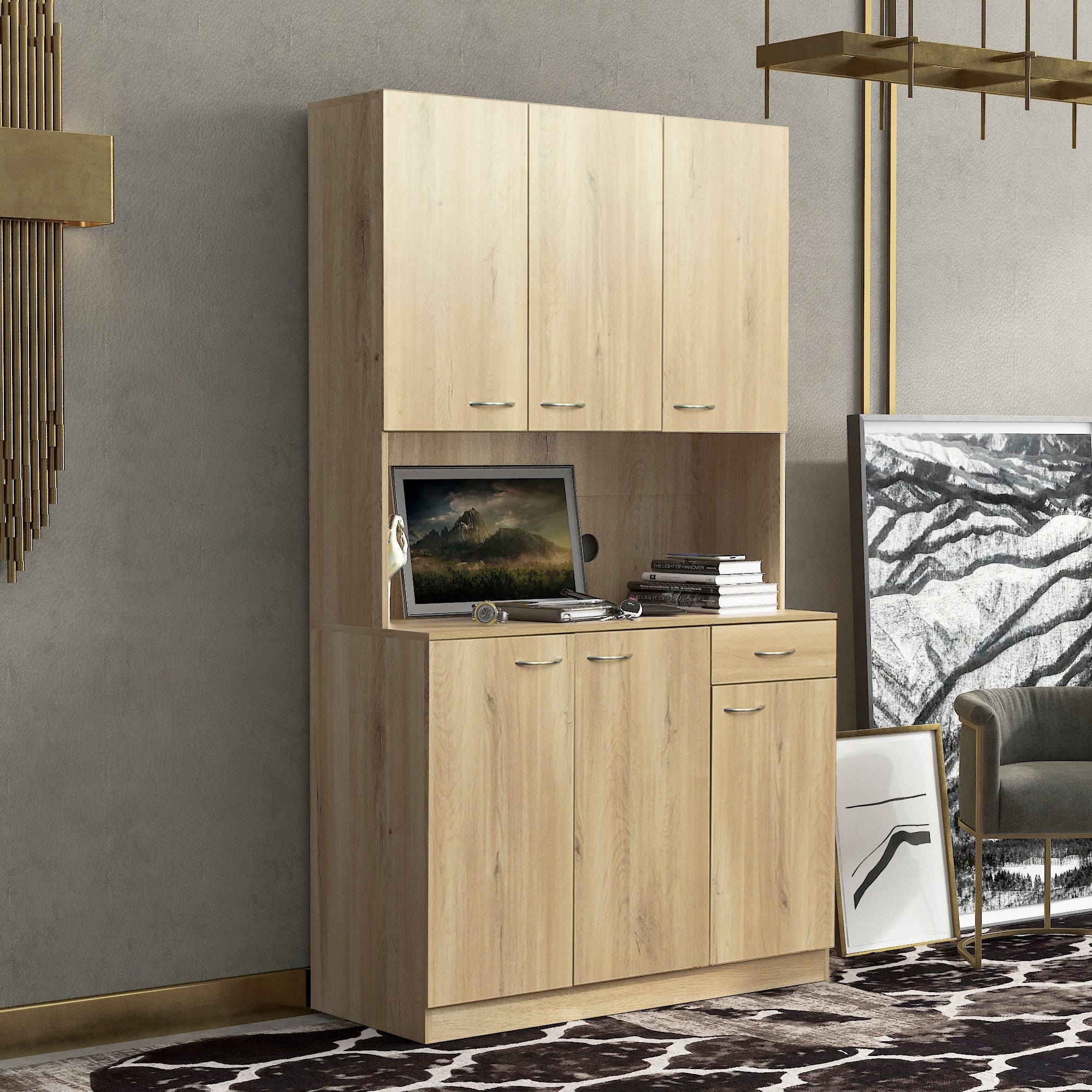 70.87' Tall White Kitchen Cabinet with 6-Doors