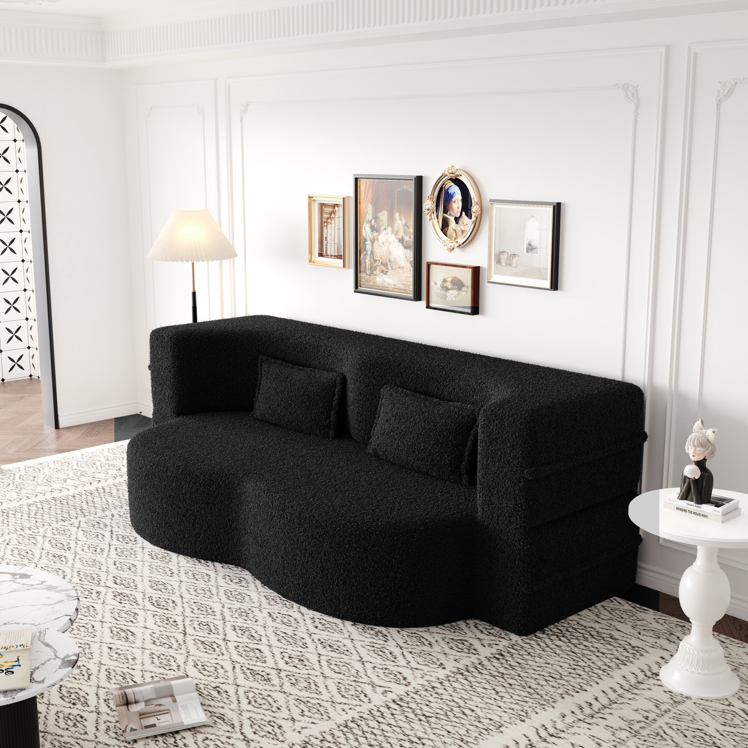 Modern Convertible Teddy Fabric Sofa with 2 Pillows