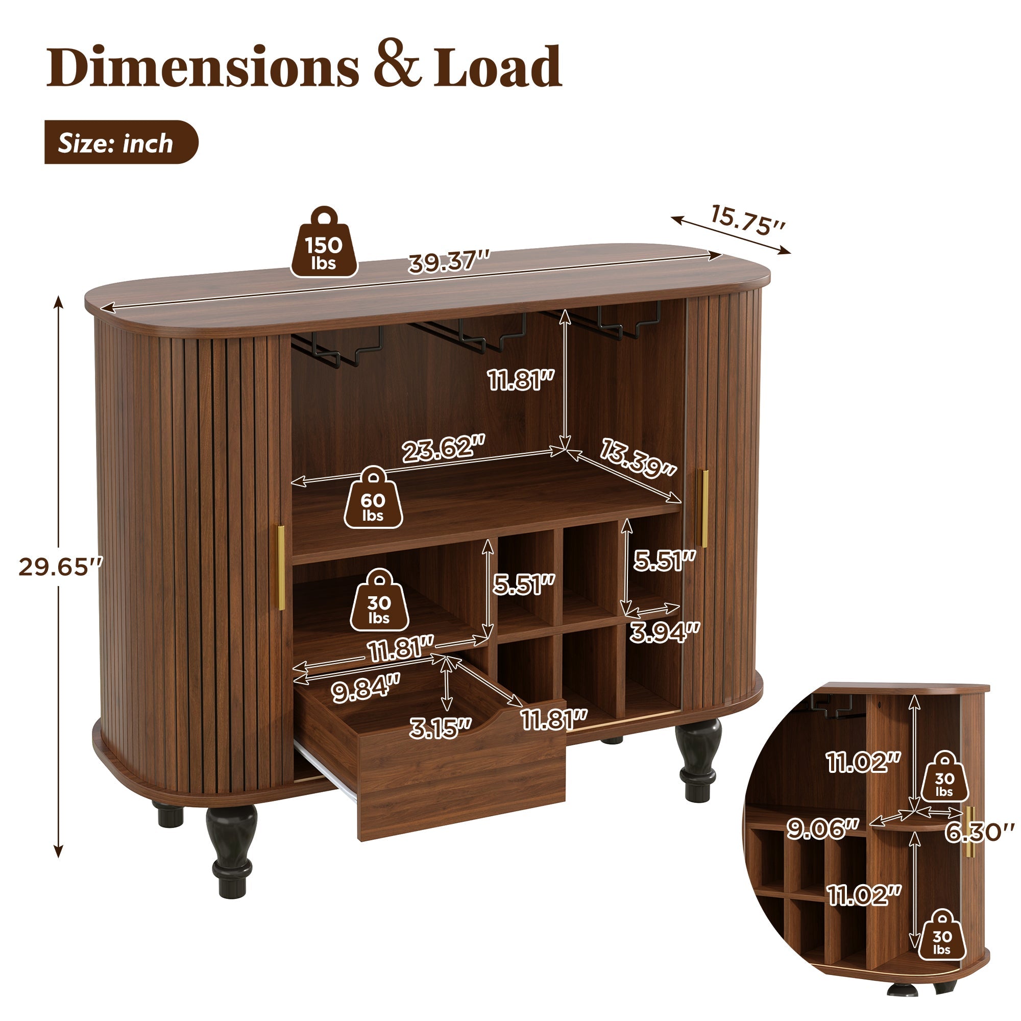 39" Fluted Liquor and Coffee Bar Cabinet with Wine Racks Glass Holders Storage