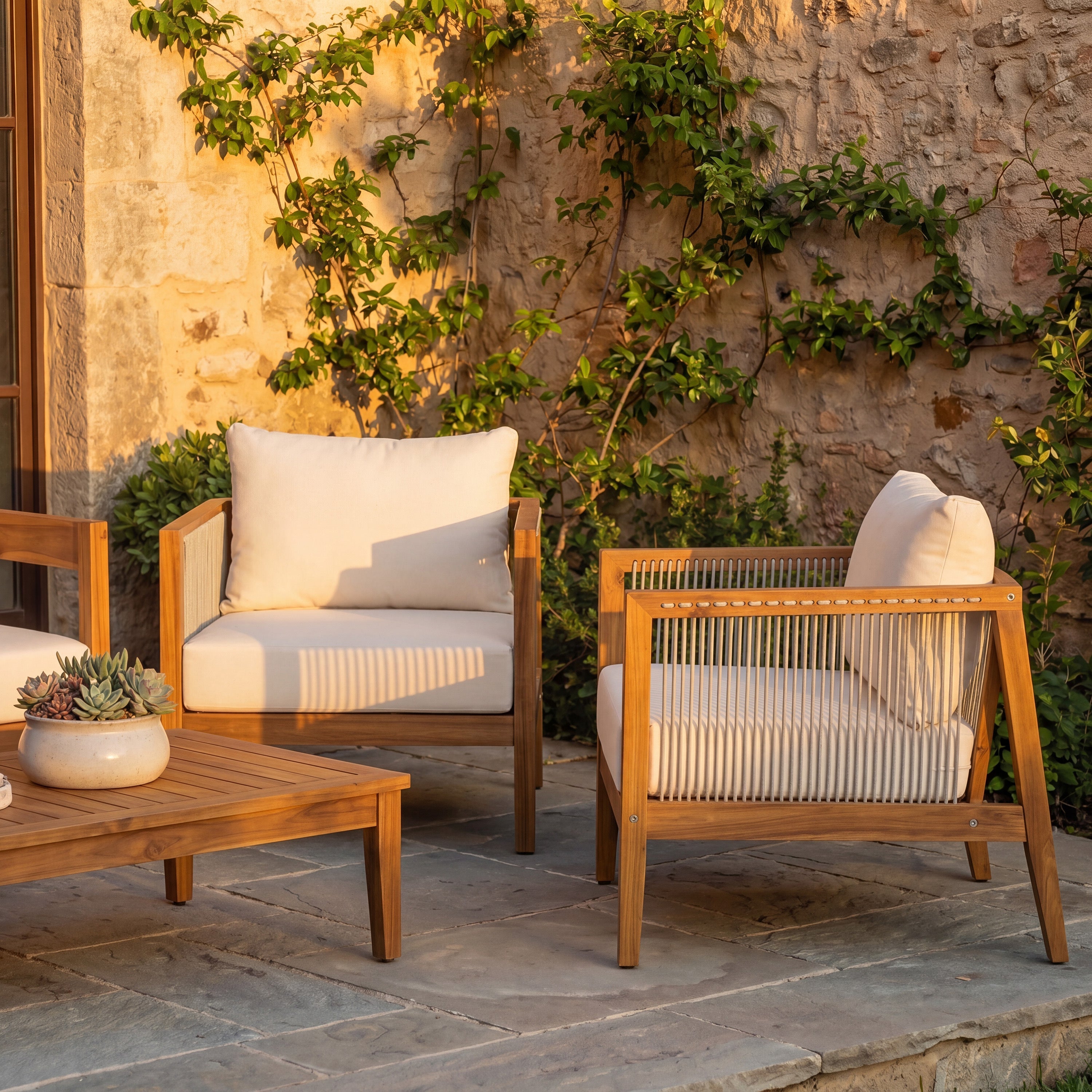 1PC/2PCS Acacia Wood Frame Outdoor Club Chair with Water-Repellent Cushions