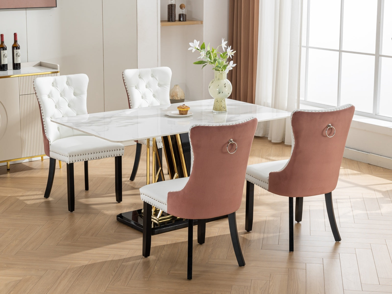 Tufted Solid Wood PU Upholstered Dining Chair with Wood Legs (Set of 2)