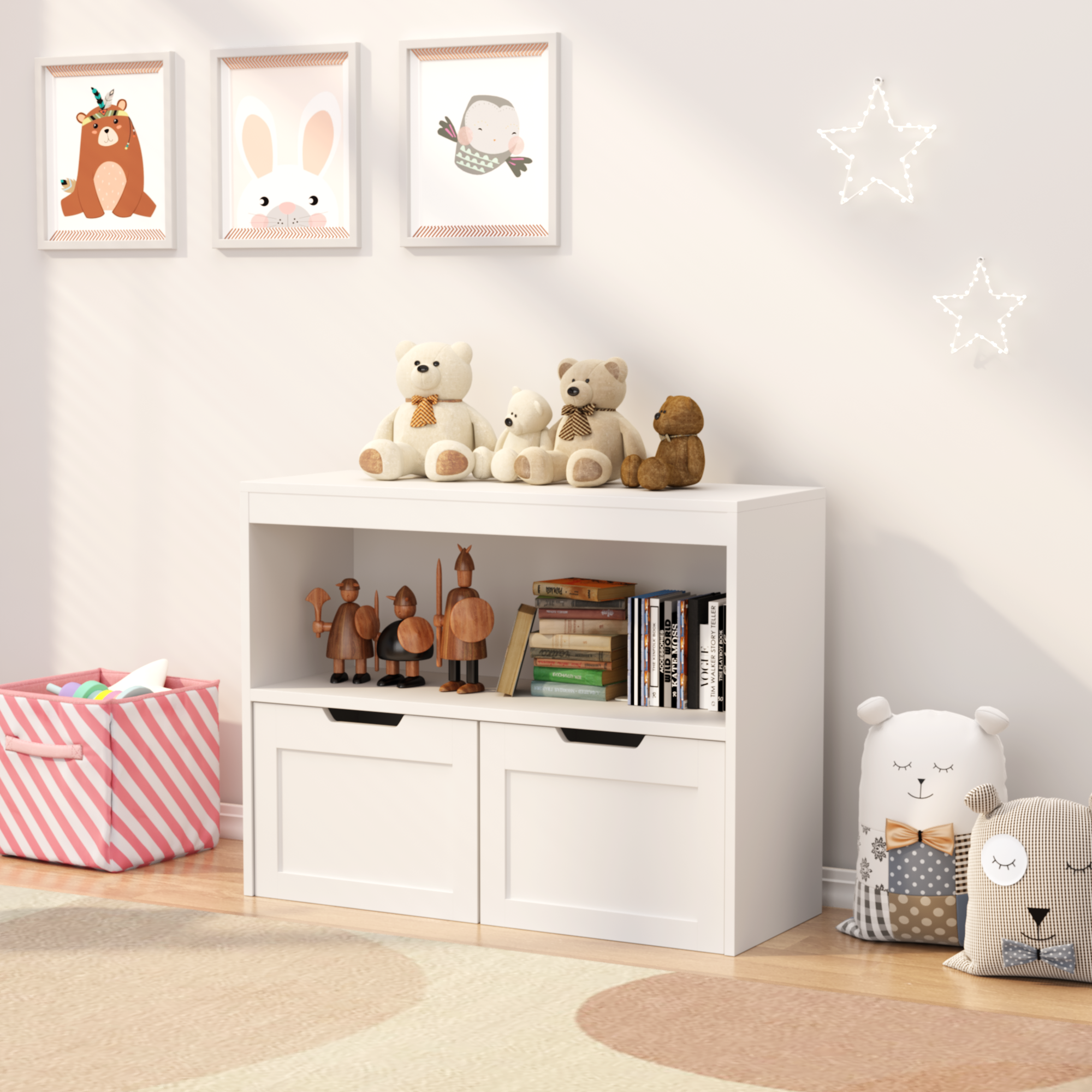 Toy Storage Cabinet  with Large Drawers and Open Shelves