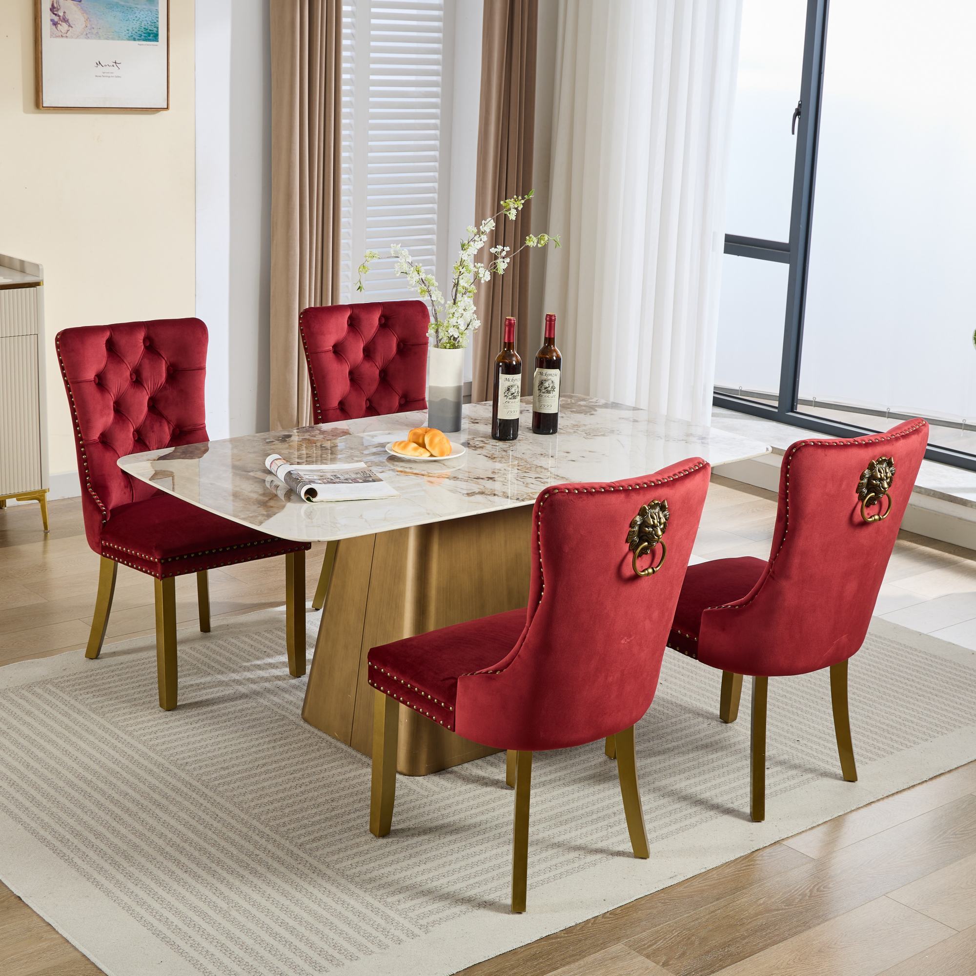 Mid-Century Velvet Dining Chairs with Lion Head Pull Ring (Set of 2)