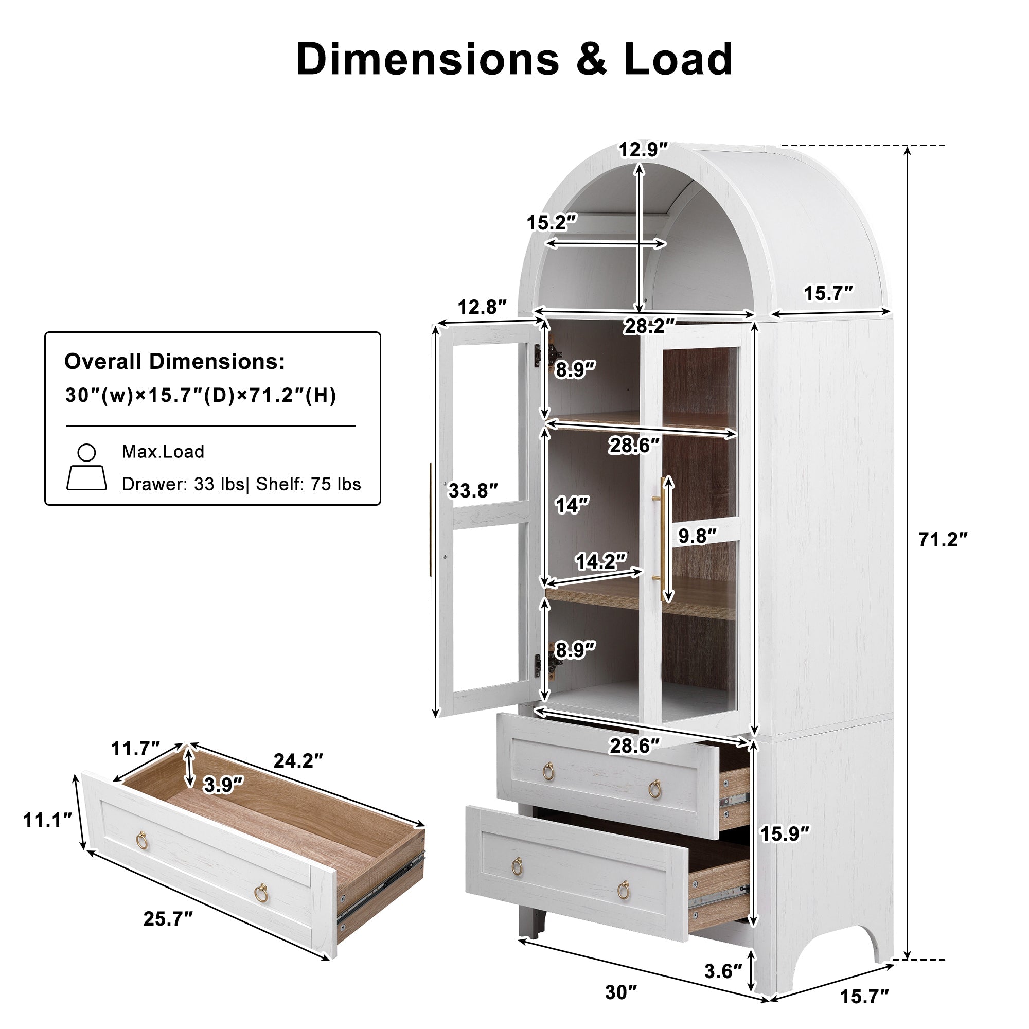 71” Tall Arched Modern Farmhouse Kitchen Pantry Cabinet with 2 Large Drawers