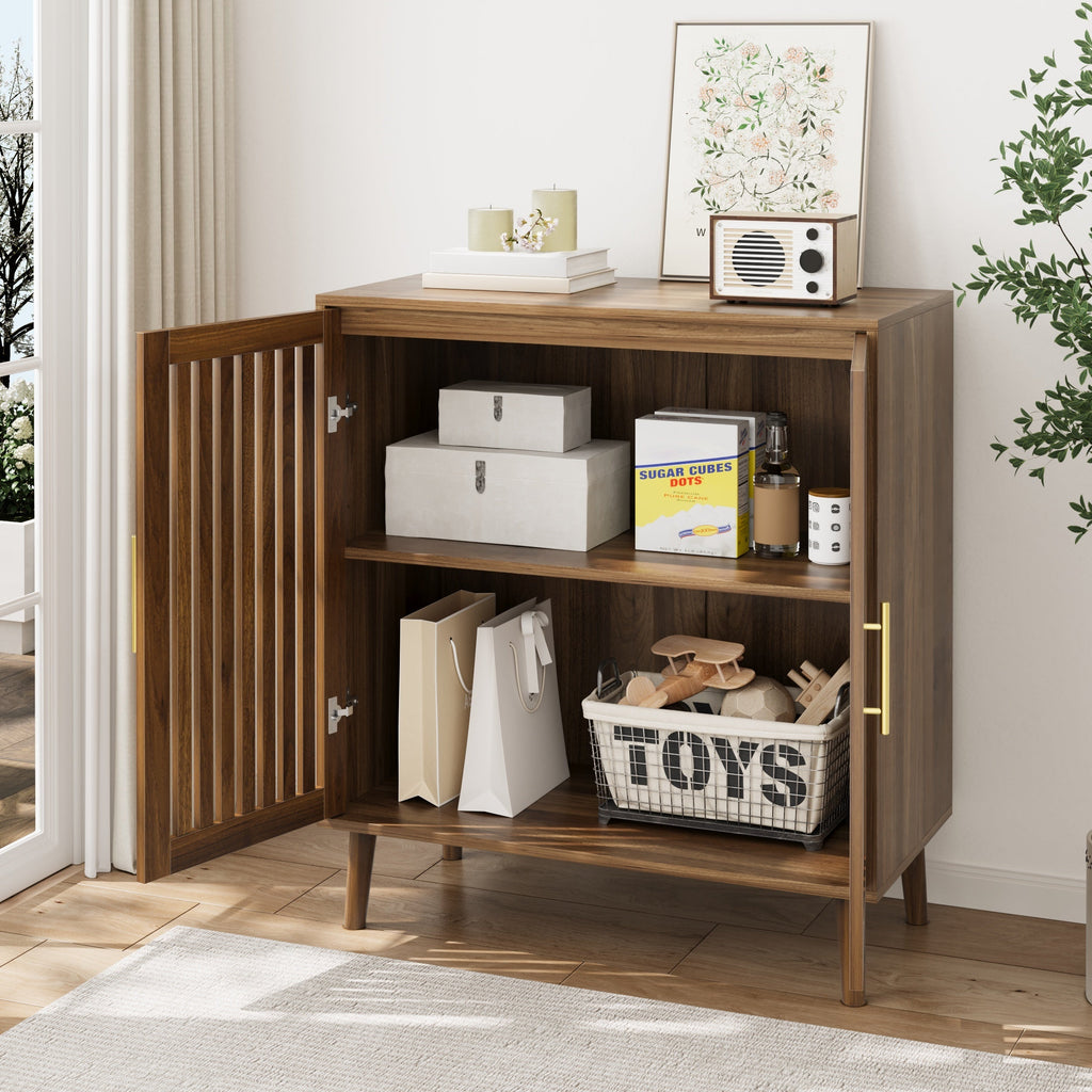 Farmhouse Walnut Sideboard Buffet Cabinet With Louvered Doors