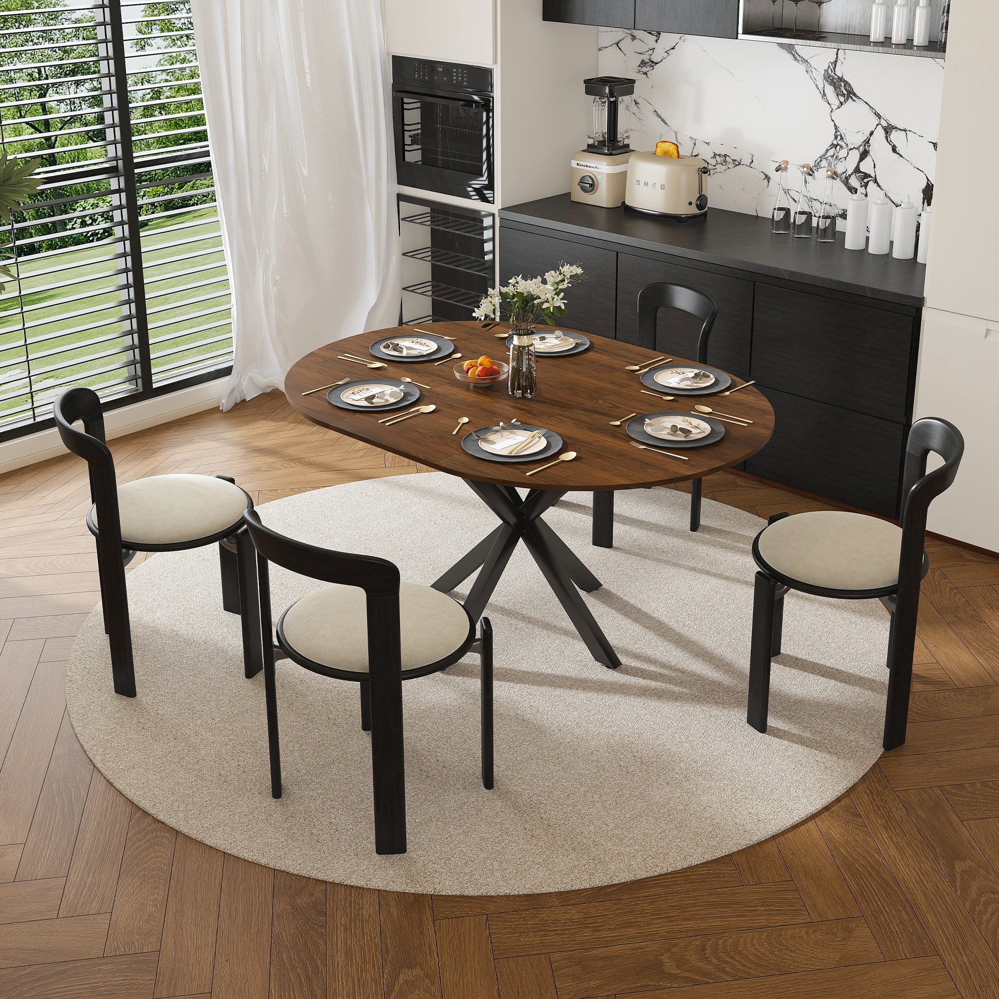 Modern Solid Wood Veneer Retractable Dining Table