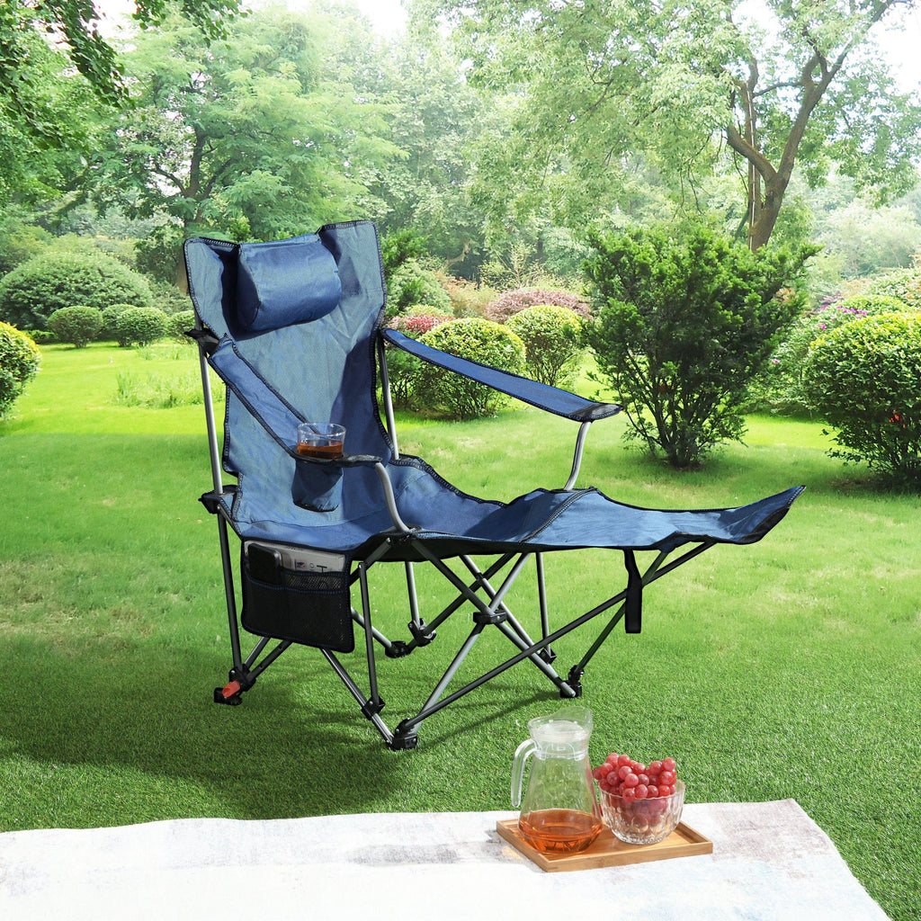 Outdoor Camping Chair Folding Reclining with Side Pockets and Cup Holder