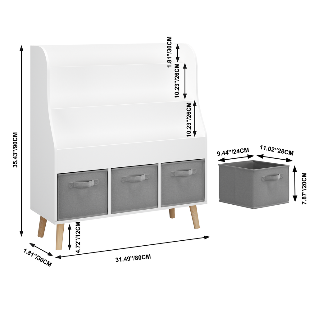 Kids Bookshelf with 3 Fabric Storage Bins