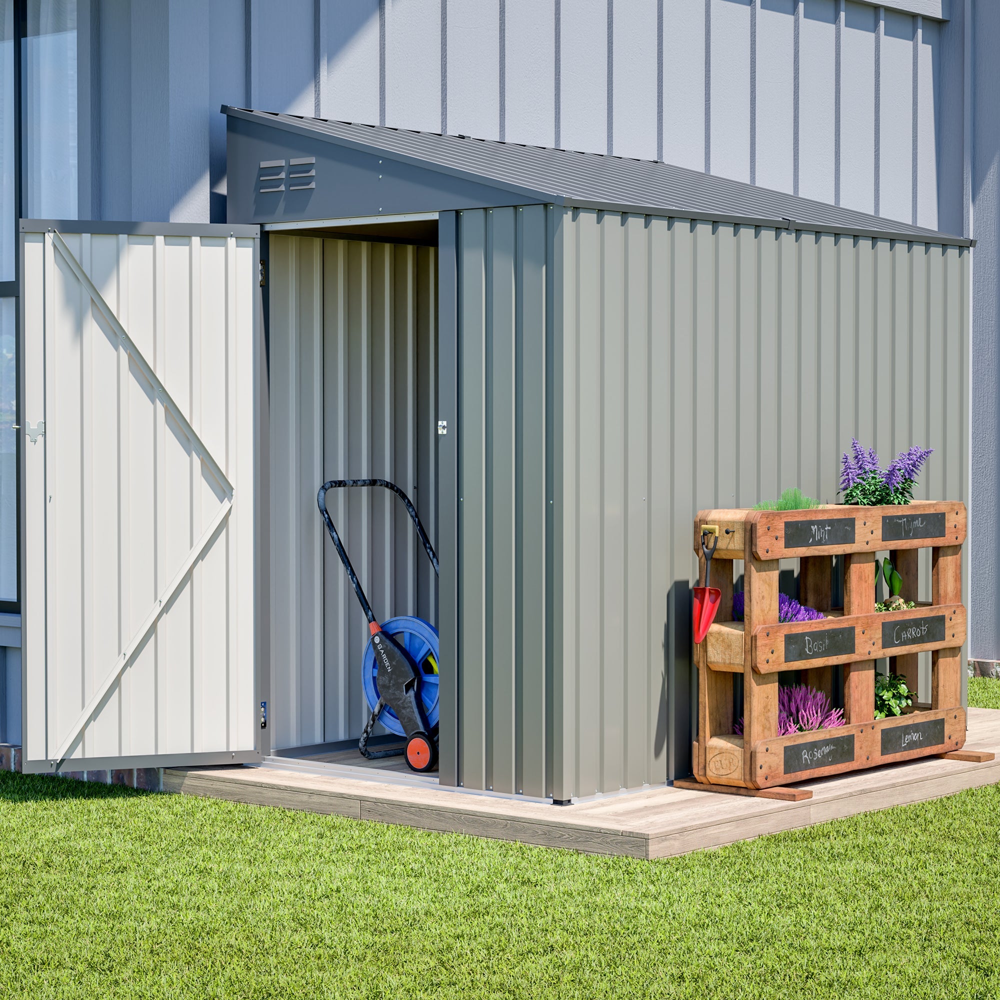 4x7 FT Lean To Shed Olive Grey Heavy Duty Steel Outdoor Garden Storage Case