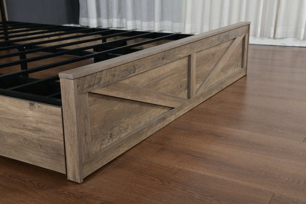 Farmhouse Bed Frame Queen Size with LED Lights and Charging Station