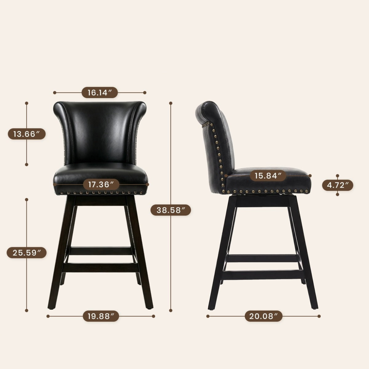 Firmoz Vintage Wingback Swivel Bar Stools with Nailhead Trim & Solid Wood Legs