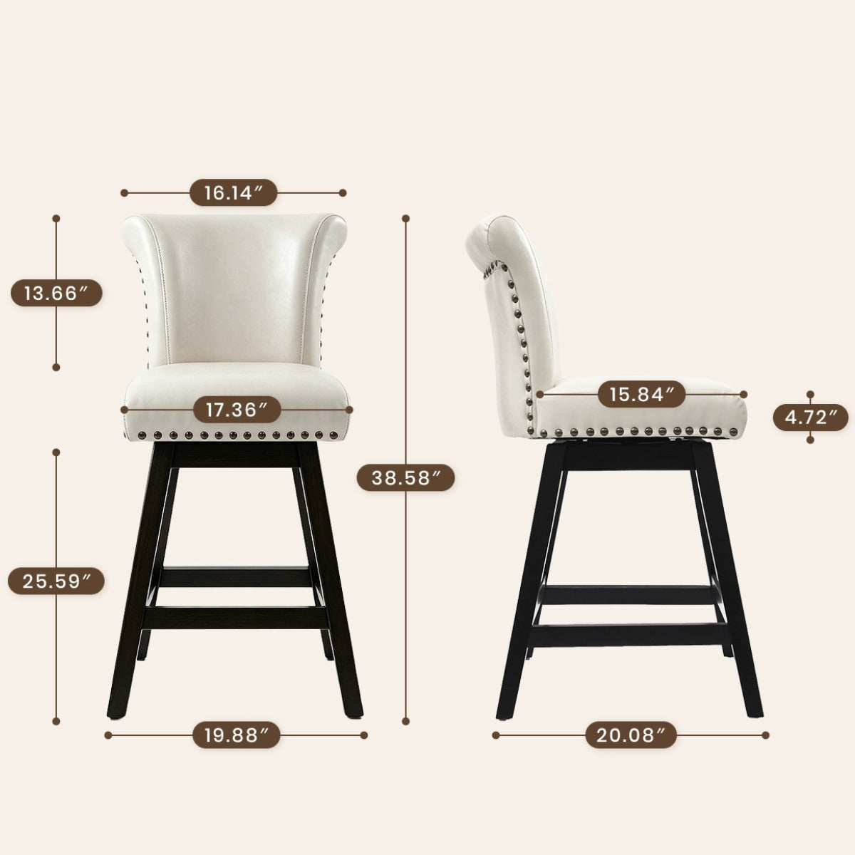 Firmoz Vintage Wingback Swivel Bar Stools with Nailhead Trim & Solid Wood Legs