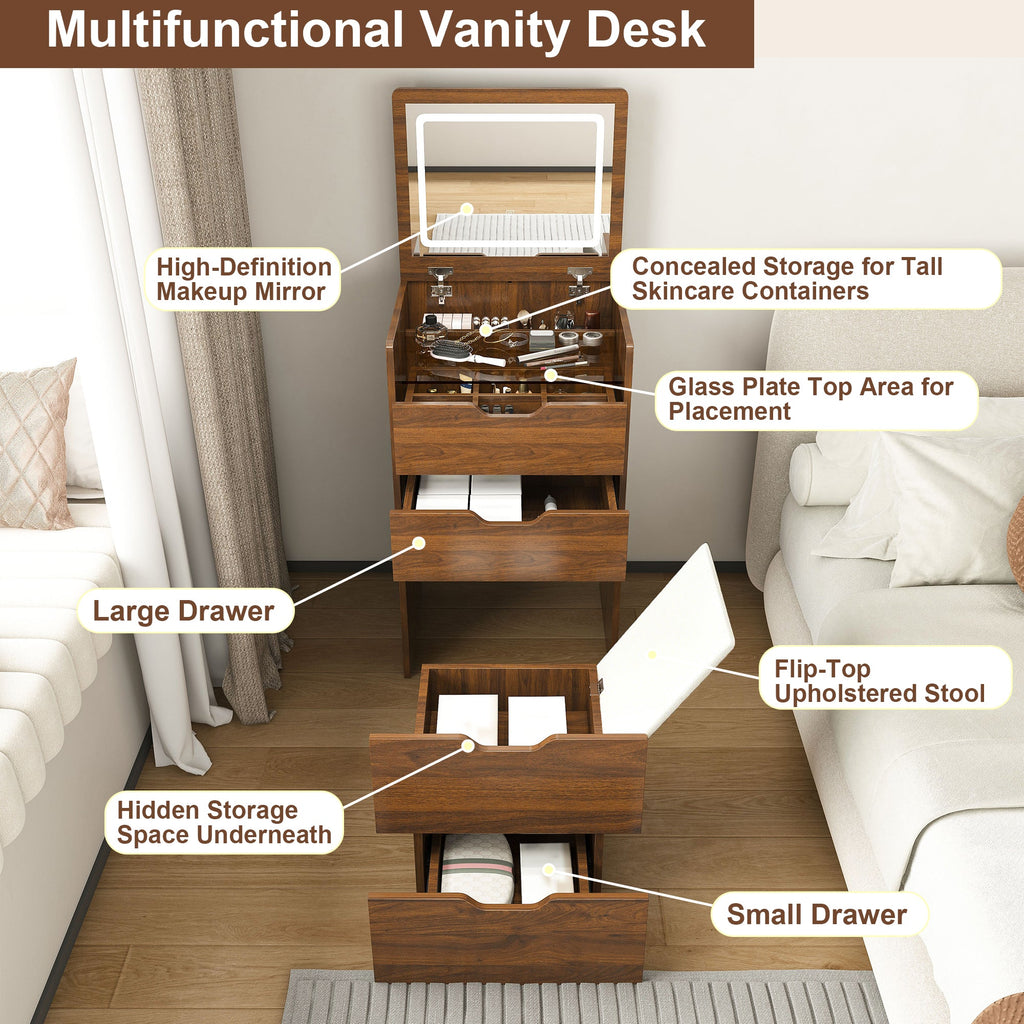 18.9'L 3-in-1 Vanity Desk with Lighted Mirror & Stool