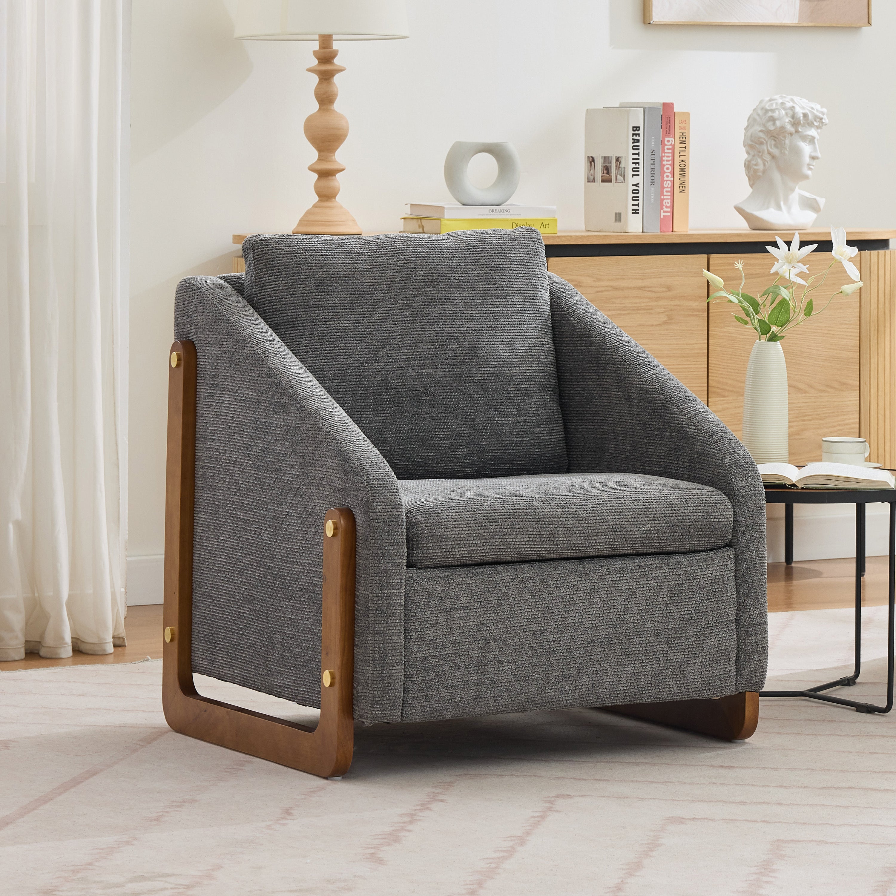 Modern Upholstered Armchair with Wooden Side Frame