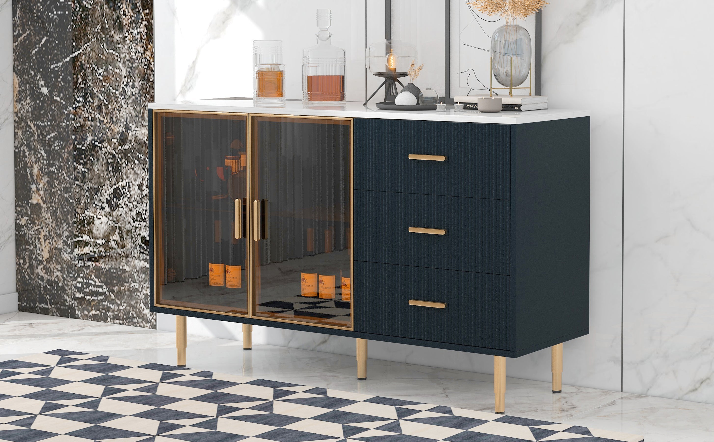 Modern Sideboard MDF Buffet Cabinet with Marble Sticker Tabletop