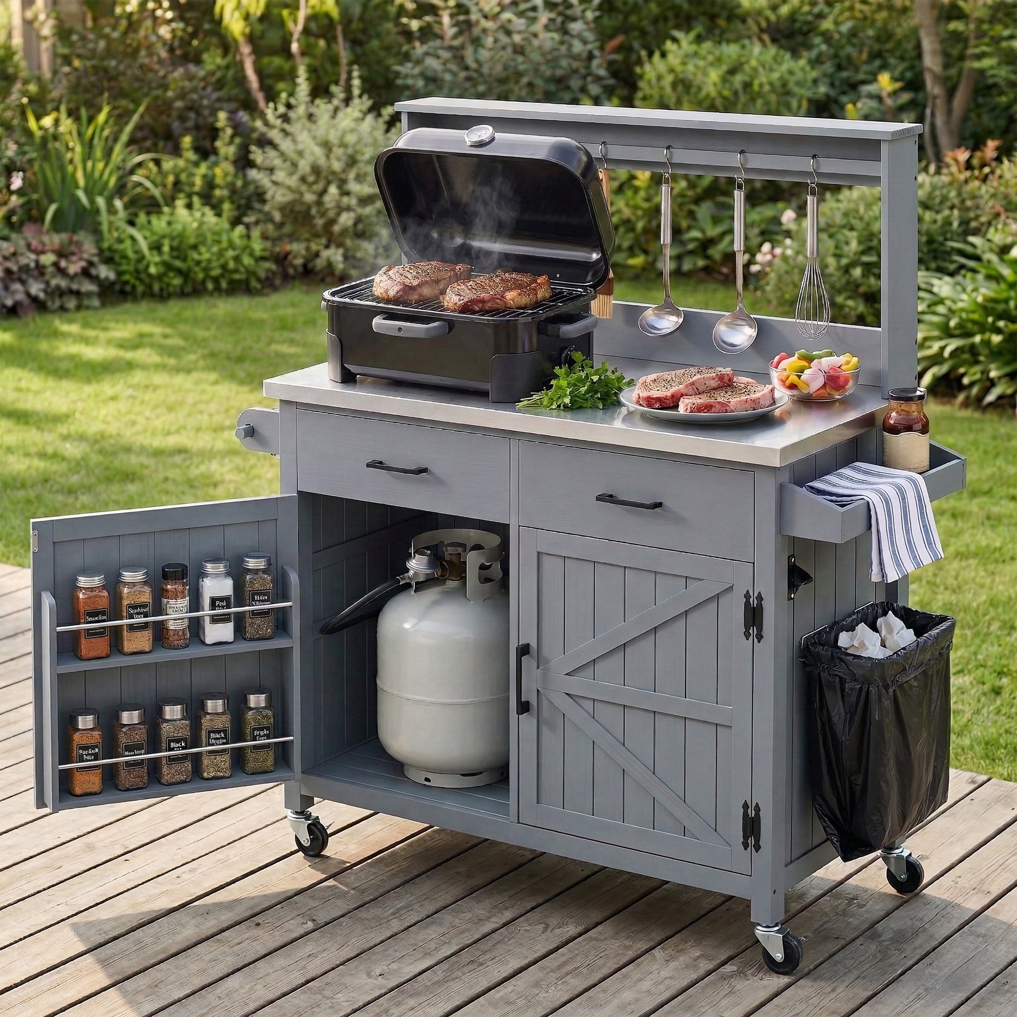 54.1" Outdoor Kitchen Island with High Shelf, Stainless Steel Top & Storage Cabinet
