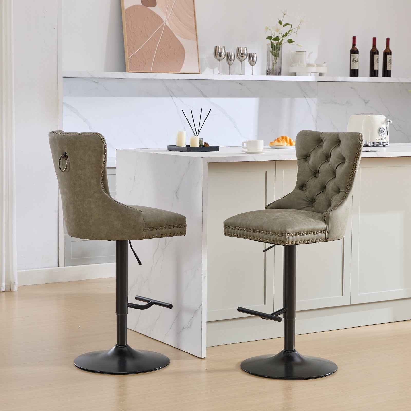 Aged and Retro PU Swivel Barstools Adjusatble Seat Height (Set of 2)