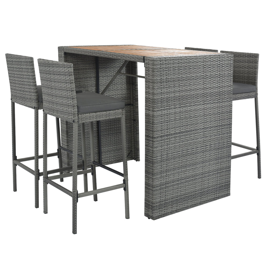 5-Piece Outdoor Wicker Bar Set with Removable Cushion and Acacia Top