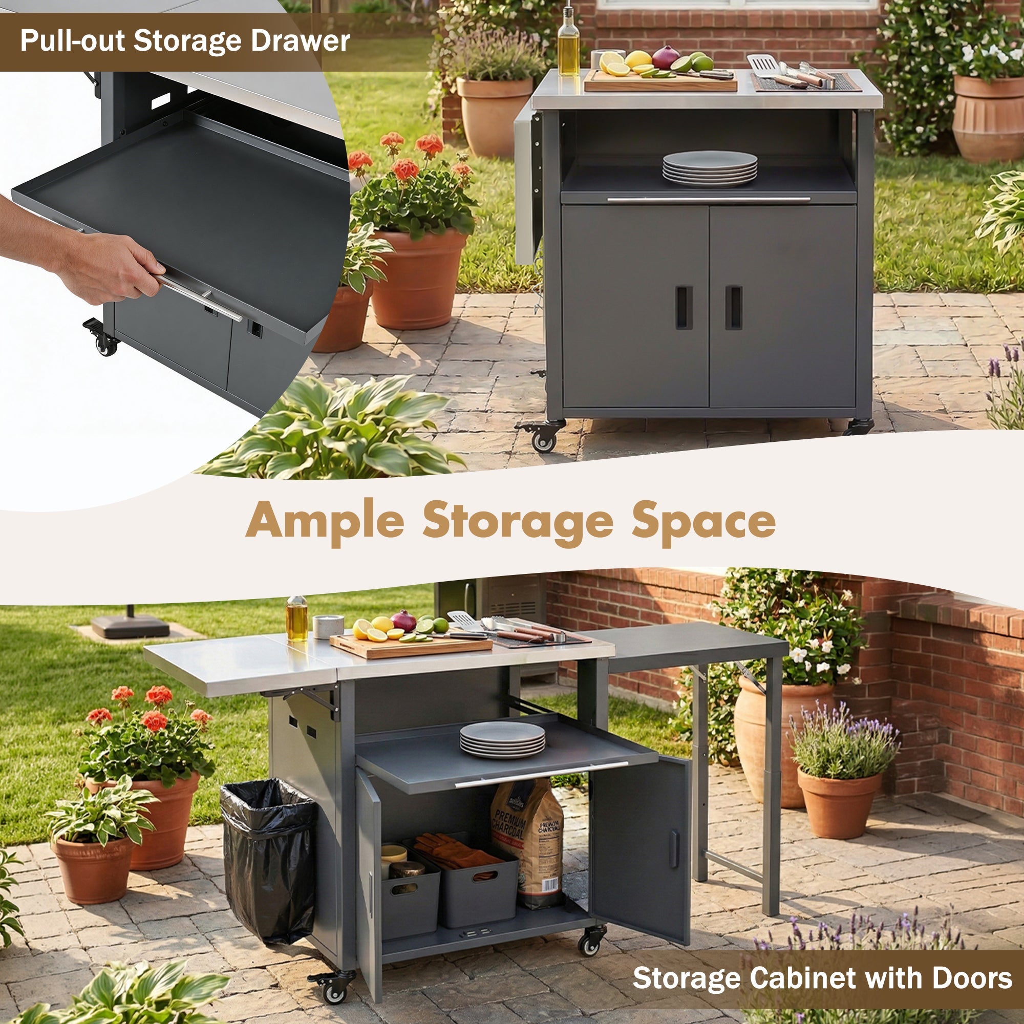 Foldable BBQ cart with storage, portable for backyard & patio cooking
